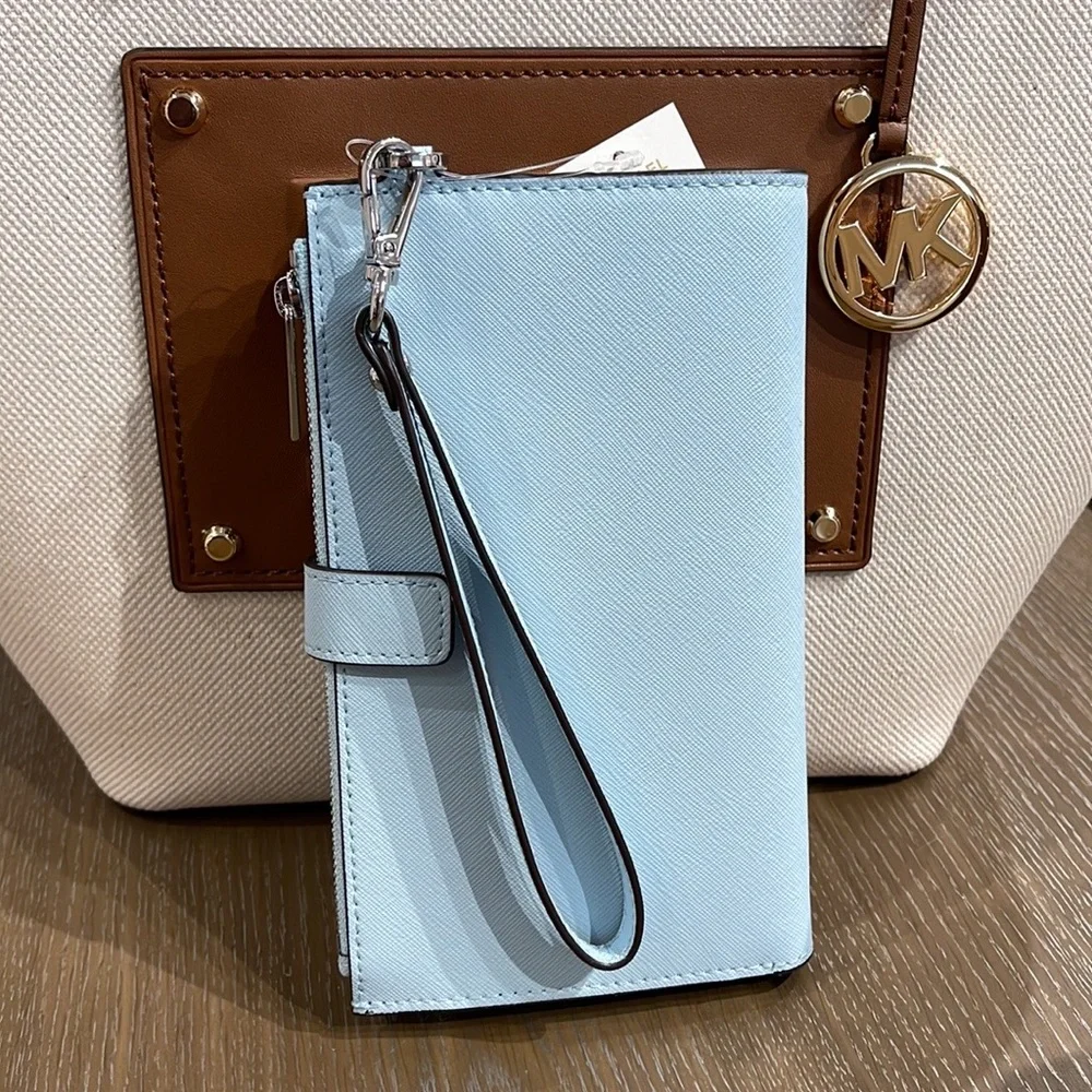 MICHAEL KORS LARGE DOUBLE ZIP WRISTLET WALLET PHONE CASE CLUTCH 
Vista Blue 
NWT - Picture 2 of 16